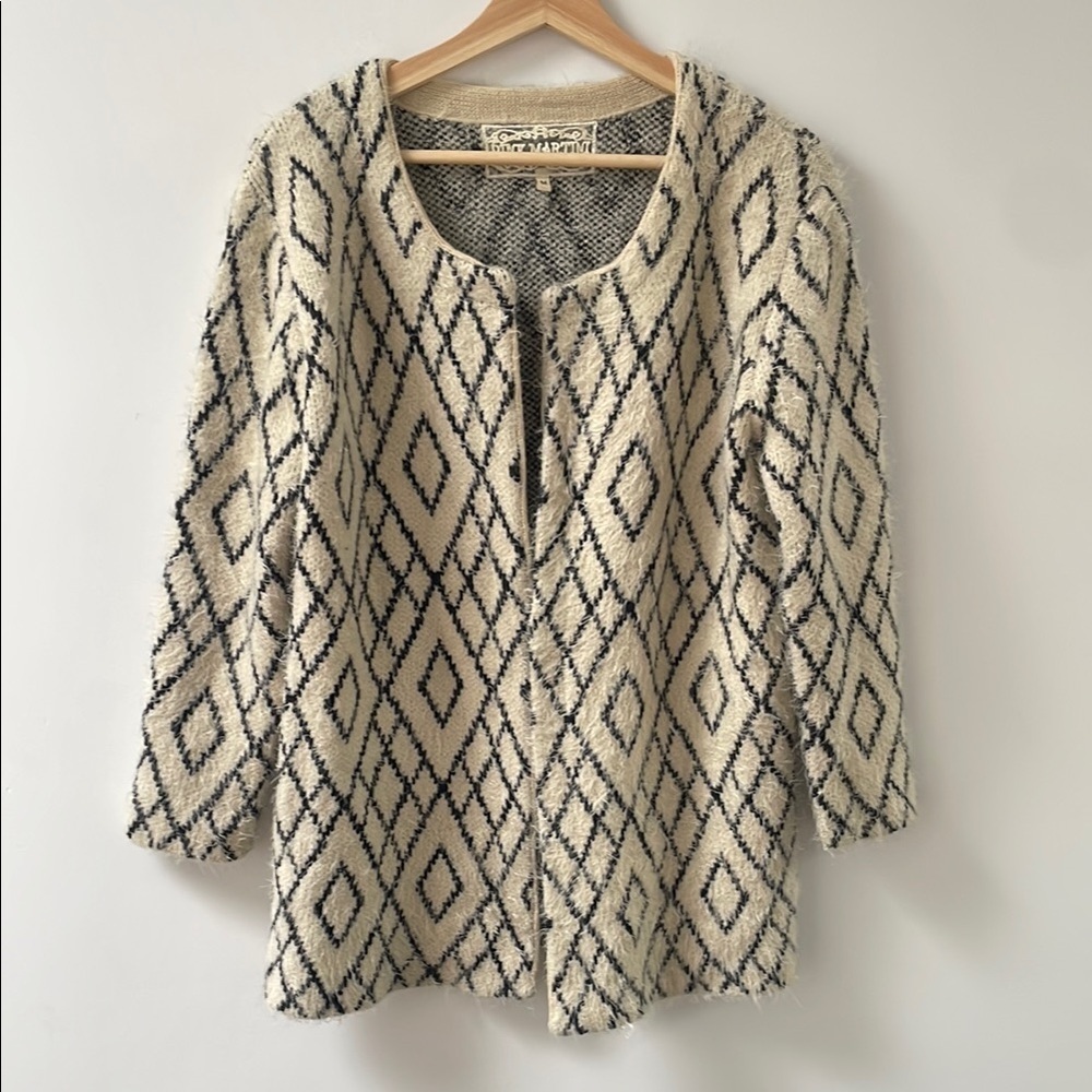 Pink Martini Wool Blend Abstract geometric black cream Open Front Cardigan M